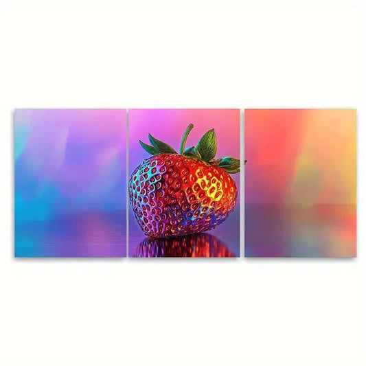 3pcs Metallic Strawberry Vibrant Chrome Metal Print Ready to Hang Art