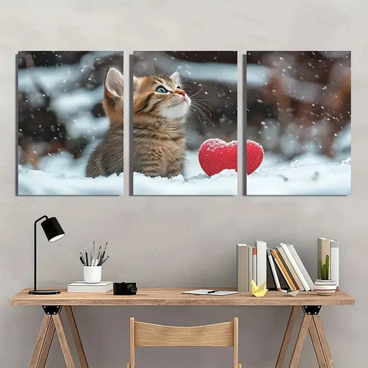 3pcs Kitten in Snow Striped Fur Red Heart Metal Print Ready to Hang Art