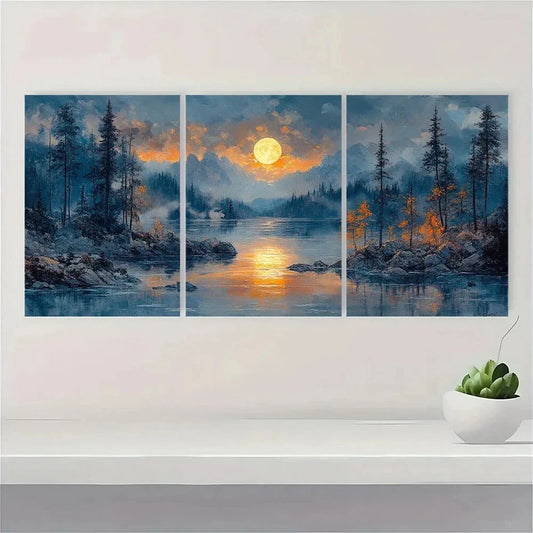 3pcs Serene Moonlight Oil Painting Metal Print Ready to Hang Art