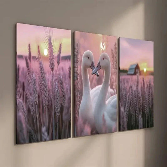 3pcs Sunset Swans & Purple Wheat Field Decor Wall Art Set Canvas Framed 40x60cm - High Quality Print 100% Australian Made Wall Canvas Ready to Hang