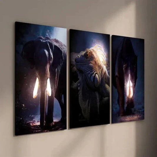 3pcs Glowing Elephant Iguana & Rhino Wall Art Set Canvas Framed 40x60cm - High Quality Print 100% Australian Made Wall Canvas Ready to Hang