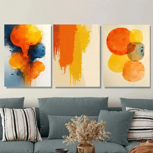 3pcs Modern Abstract Watercolor Vibrant Orange Wall Art Set Canvas Framed 40x60cm - High Quality Print 100% Australian Made Wall Canvas Ready to Hang