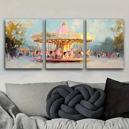 3pcs s The pink carousel Art Painting Metal Print Ready to Hang Art