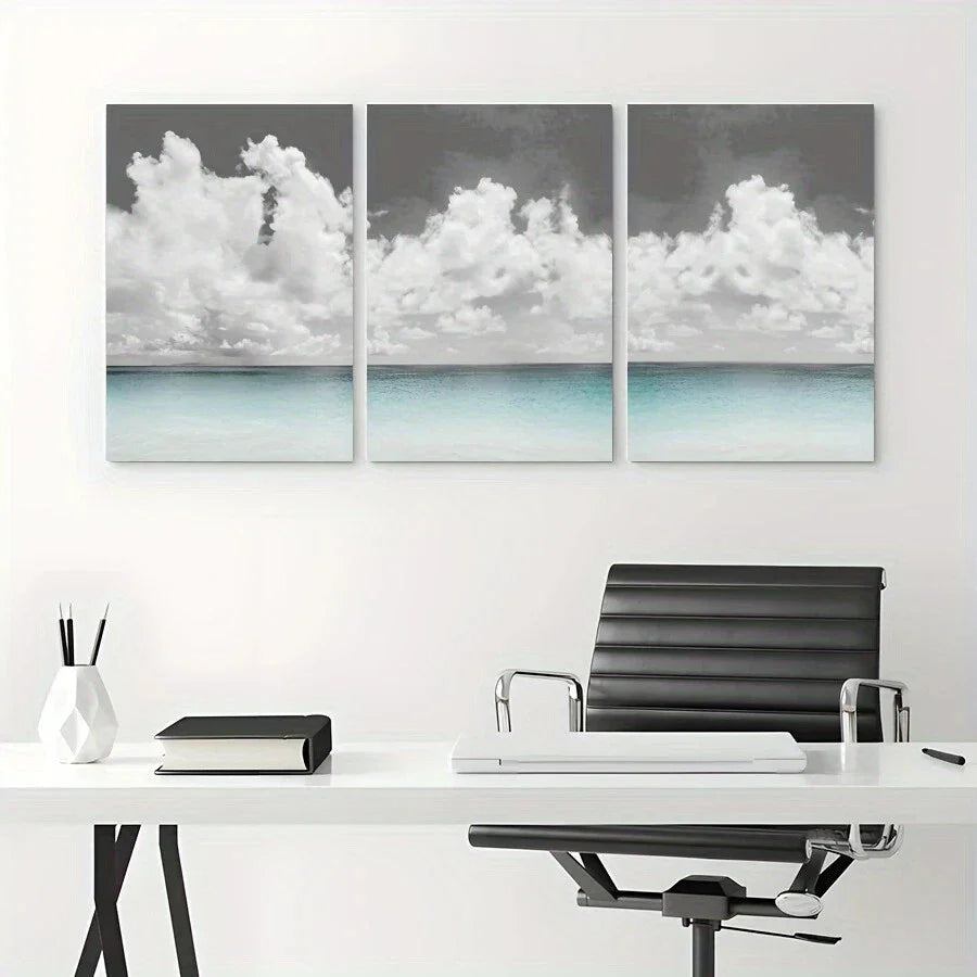3pcs White Spread Clouds Blue Water Beach Metal Print Ready to Hang Art