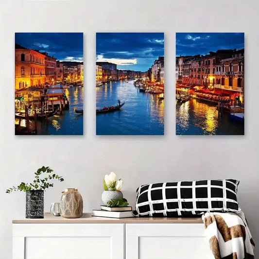 3pcs Venice Grand Canal at Night Metal Print Ready to Hang Art