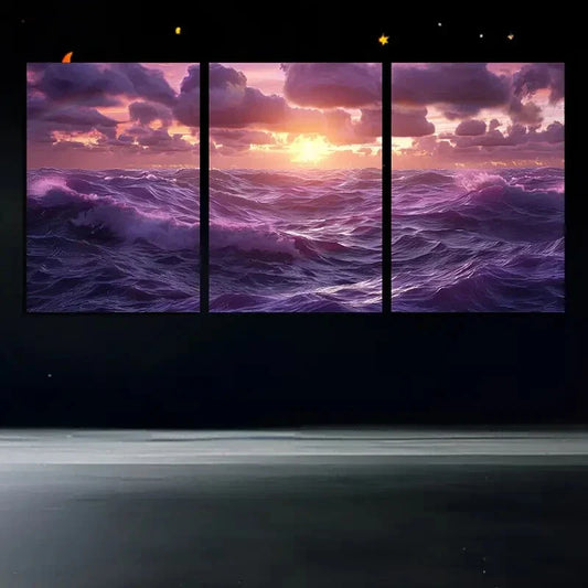 3pcs Ocean Sunset Clouds Purple Theme Waves Metal Print Ready to Hang Art