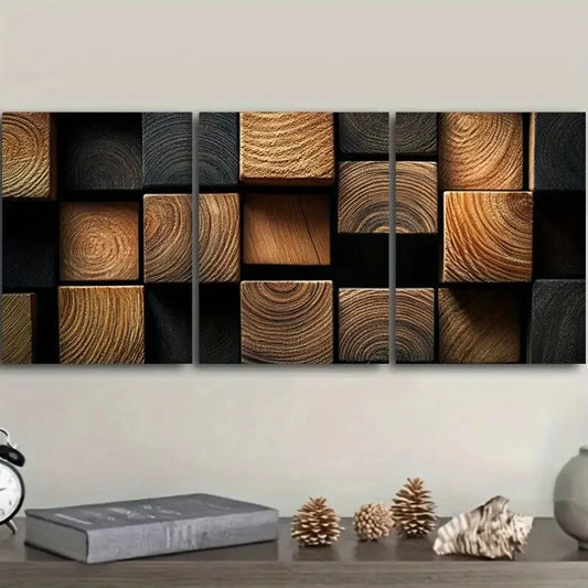 3pcs Dark Textured Wood Blocks Metal Print Ready to Hang Art