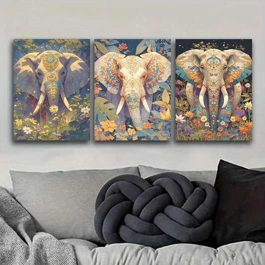 3pcss Featuring An Elephant With Floral Designs Wall Art Set Canvas Framed 40x60cm - High Quality Print 100% Australian Made Wall Canvas Ready to Hang
