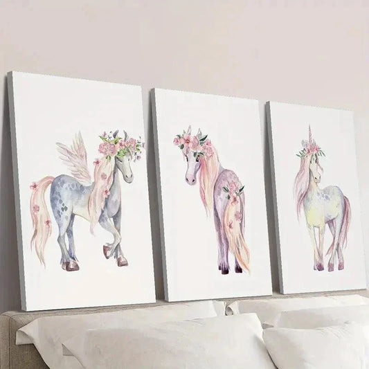3pcs Pink Floral Unicorn Portrait Wall Art Set Canvas Framed 40x60cm - High Quality Print 100% Australian Made Wall Canvas Ready to Hang