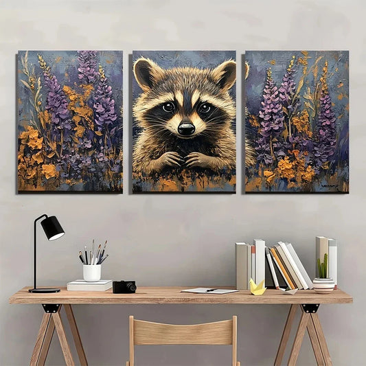 3pcs Whimsical Raccoon in Purple Orchid Garden Metal Print Ready to Hang Art