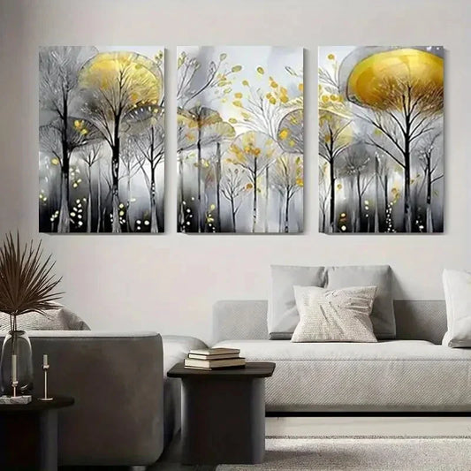 3pcs Golden Leaves & Black & White Forest Metal Print Ready to Hang Art