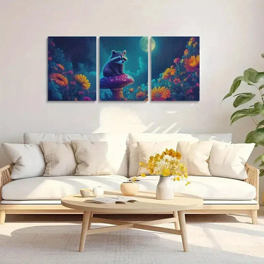 3pcs Vibrant Floral Night Sky with Full Moon Metal Print Ready to Hang Art