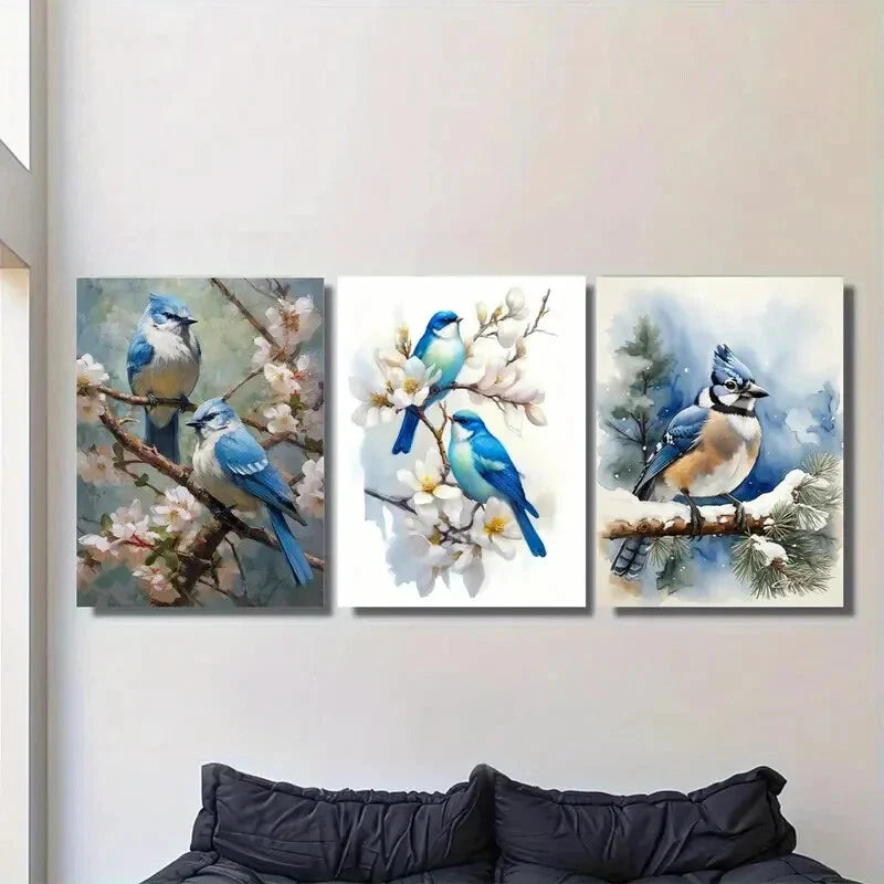 3pcs Blue Birds on Cherry Blossom Modern Metal Print Ready to Hang Art