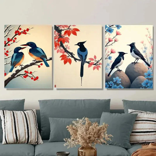 3pcs Beautiful Bird Nature Scenes Birds Modern Wall Art Set Canvas Framed 40x60cm - High Quality Print 100% Australian Made Wall Canvas Ready to Hang