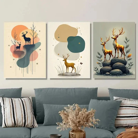 3pcs Golden and Black Deer, Pine Trees Metal Print Ready to Hang Art