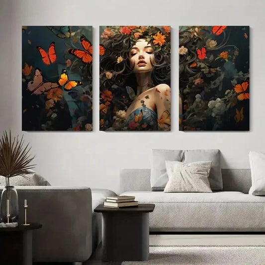 3pcs Vibrant Butterfly & Floral Women in Floral Metal Print Ready to Hang Art