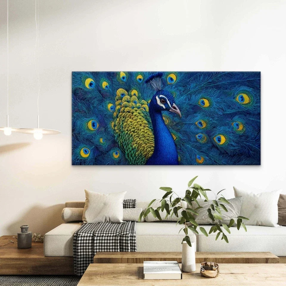 Indian Peacock with Blue Wall Art Canvas Office Home Room Framed 80x45cm