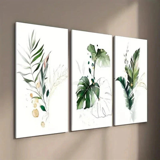 3pcs Green And Golden Fern Palm Tree Wall Art Set Canvas Framed 40x60cm - High Quality Print 100% Australian Made Wall Canvas Ready to Hang