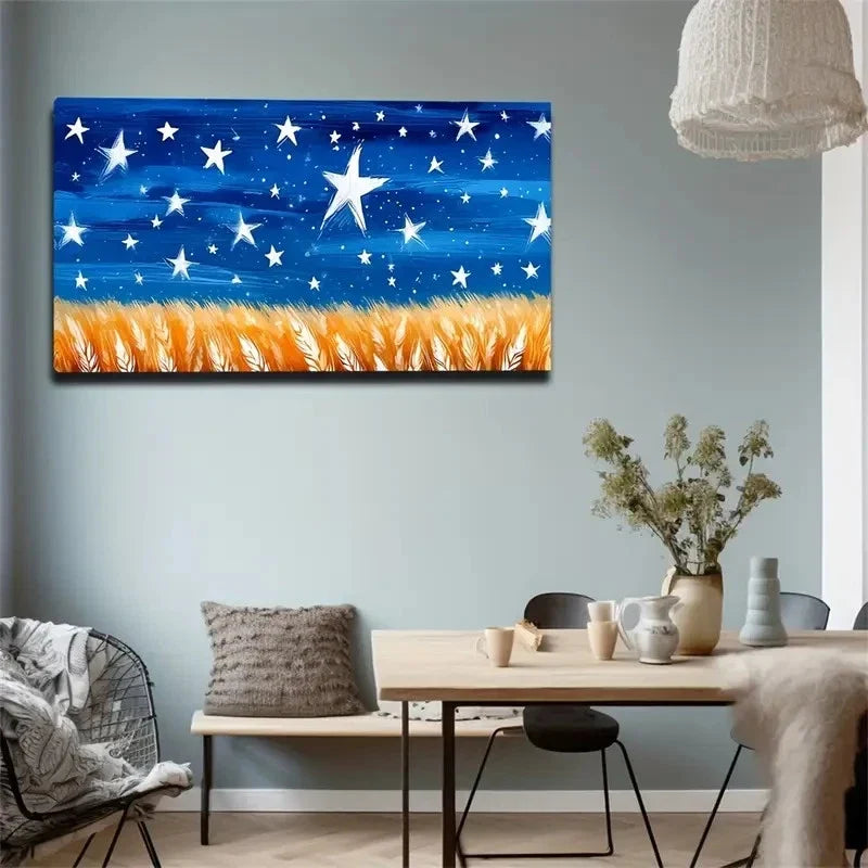 Starry Sky Over Wheat Field Wall Art Canvas Office Home Room Framed 80x45cm