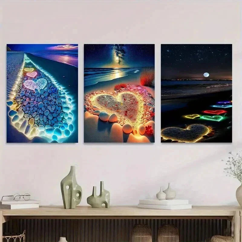 3pcs Vibrant Night Sky and Heart Stunning Wall Art Set Canvas Framed 40x60cm - High Quality Print 100% Australian Made Wall Canvas Ready to Hang