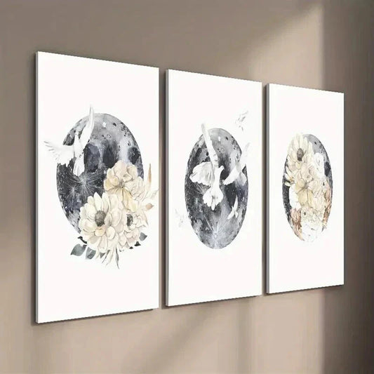 3pcs Moon and Bird Animal Floral Wall Art Set Canvas Framed 40x60cm - High Quality Print 100% Australian Made Wall Canvas Ready to Hang