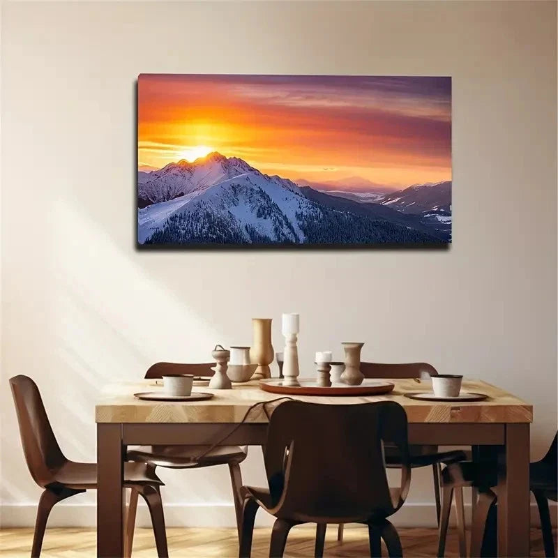 Sunset Scene On Snowy Wall Art Canvas Office Home Room Framed 80x45cm