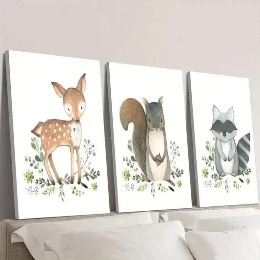 3pcs Cute Baby Deer Squirrel Raccoon Wall Art Set Canvas Framed 40x60cm - High Quality Print 100% Australian Made Wall Canvas Ready to Hang