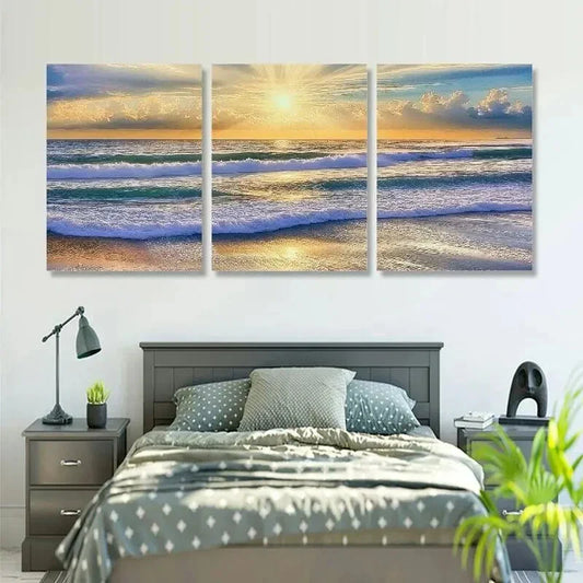 3pcs Modern Sunset Beach Wall Art Set Canvas Framed 40x60cm - High Quality Print 100% Australian Made Wall Canvas Ready to Hang