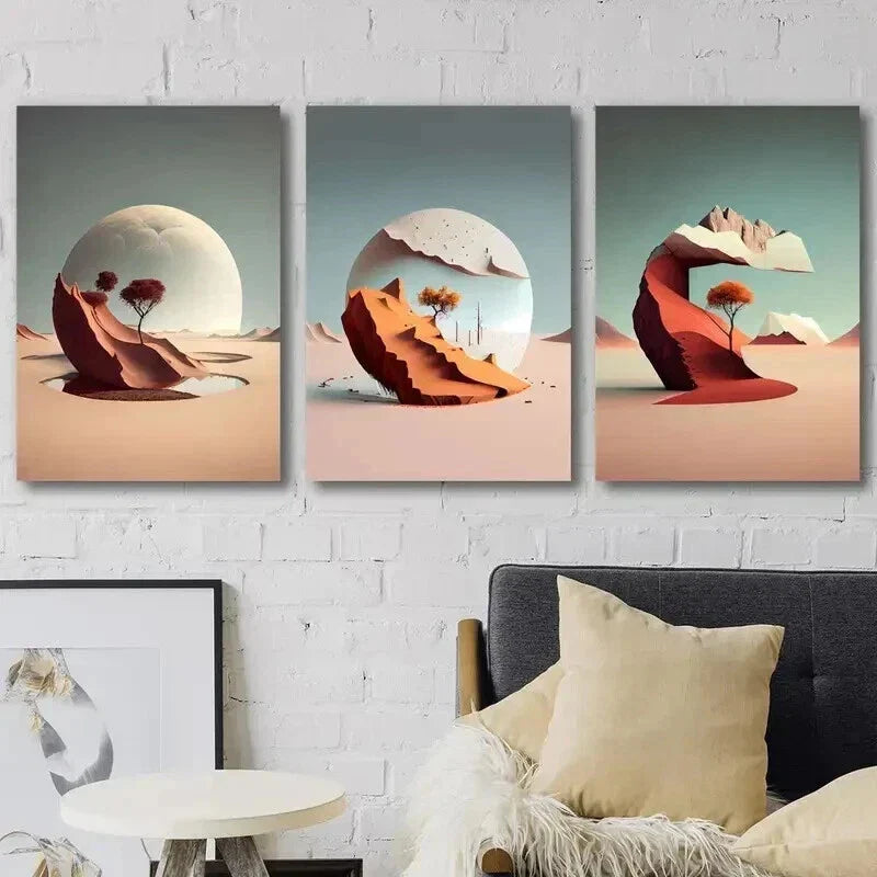 3pcs Planetary Scenery with Trees & Mountains Wall Art Set Canvas Framed 40x60cm - High Quality Print 100% Australian Made Wall Canvas Ready to Hang