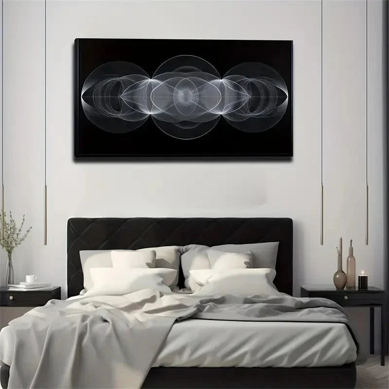 Black & White Line Circular Wall Art Canvas Office Home Room Framed 120x60cm