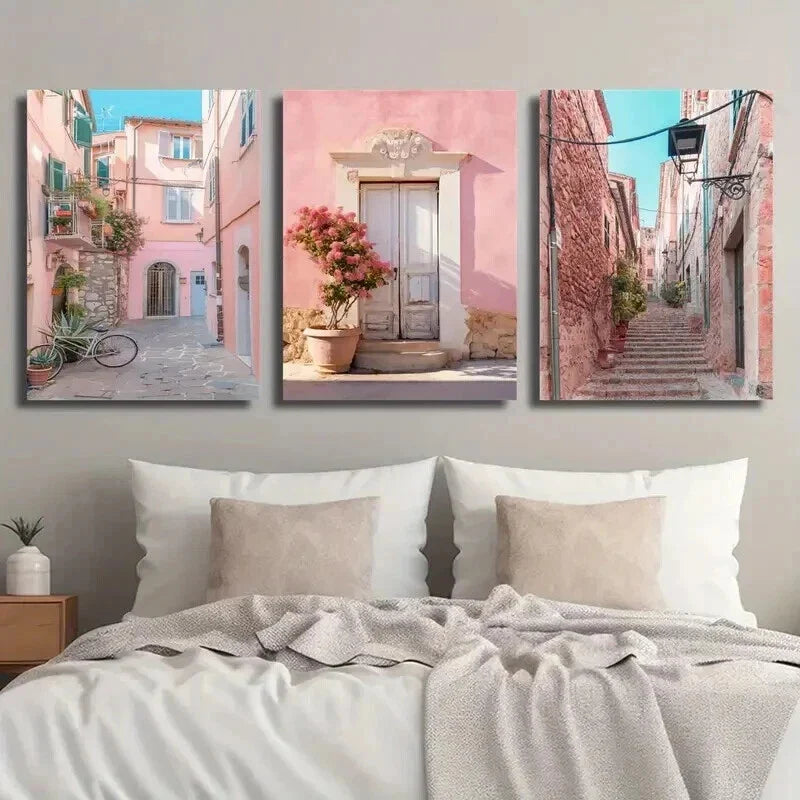 3pcs Italian Urban Pink House & Streets Wall Art Set Canvas Framed 40x60cm - High Quality Print 100% Australian Made Wall Canvas Ready to Hang
