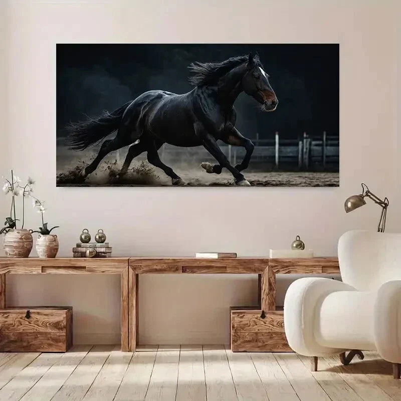 Dynamic Galloping Black Horse Wall Art Canvas Office Home Room Framed 120x60cm
