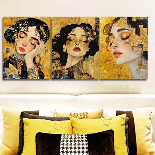 3pcs Beautiful Woman In Yellow Background Wall Art Set Canvas Framed 40x60cm - High Quality Print 100% Australian Made Wall Canvas Ready to Hang