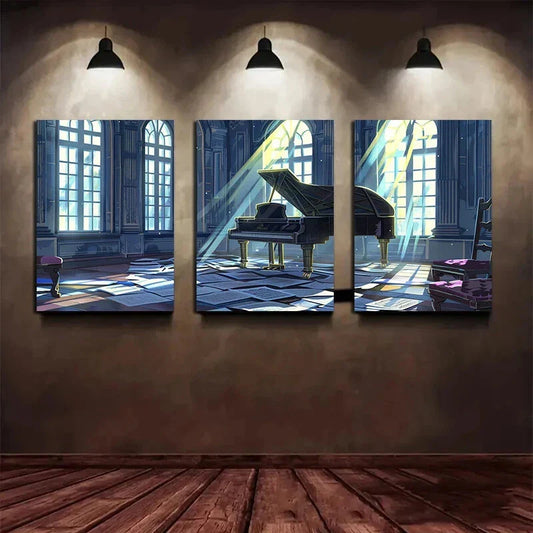 3pcs Old Piano Sun Light Big Windows Metal Print Ready to Hang Art