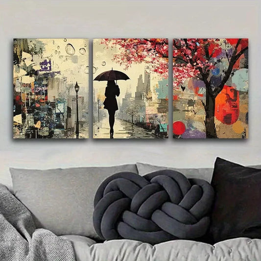 3pcs A Woman Walks With An Umbrella Wall Art Set Canvas Framed 40x60cm - High Quality Print 100% Australian Made Wall Canvas Ready to Hang