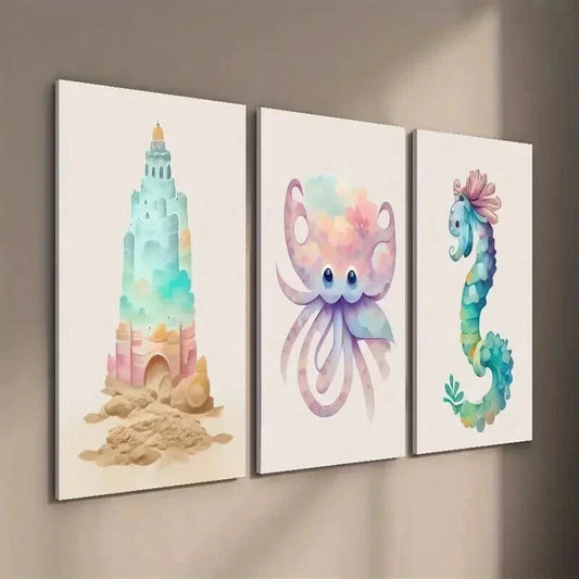 3pcs Sandstone Castle Octopus Seahorse Wall Art Set Canvas Framed 40x60cm - High Quality Print 100% Australian Made Wall Canvas Ready to Hang