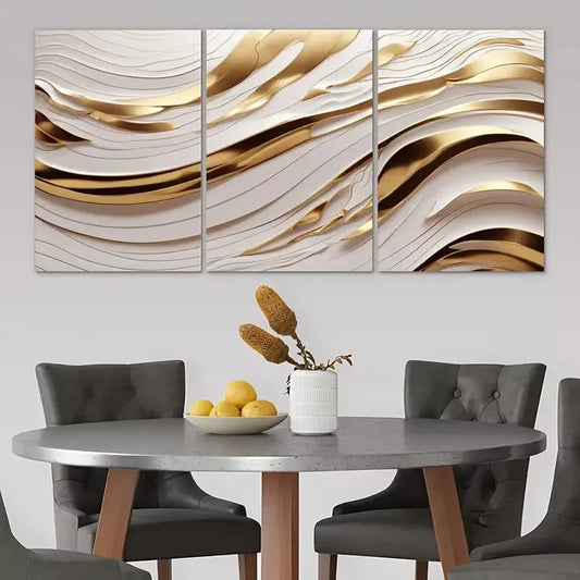 3pcs Golden & White Abstract Wave Canvas Framed 40x60cm - High Quality Print 100% Australian Made Wall Canvas Ready to Hang