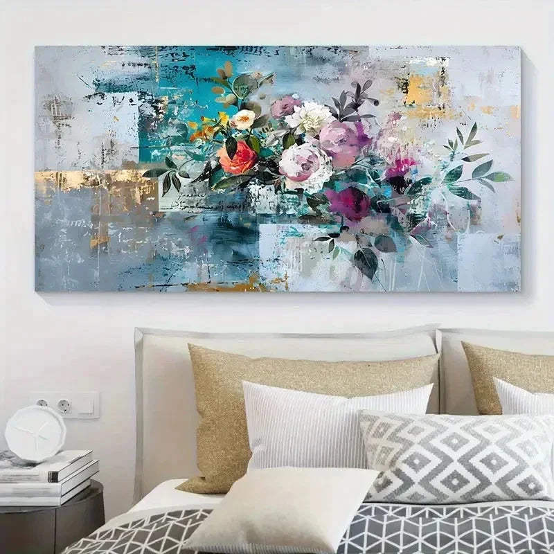 Floral Metallic Abstract Mural Wall Art Canvas Office Home Room Framed 120x60cm