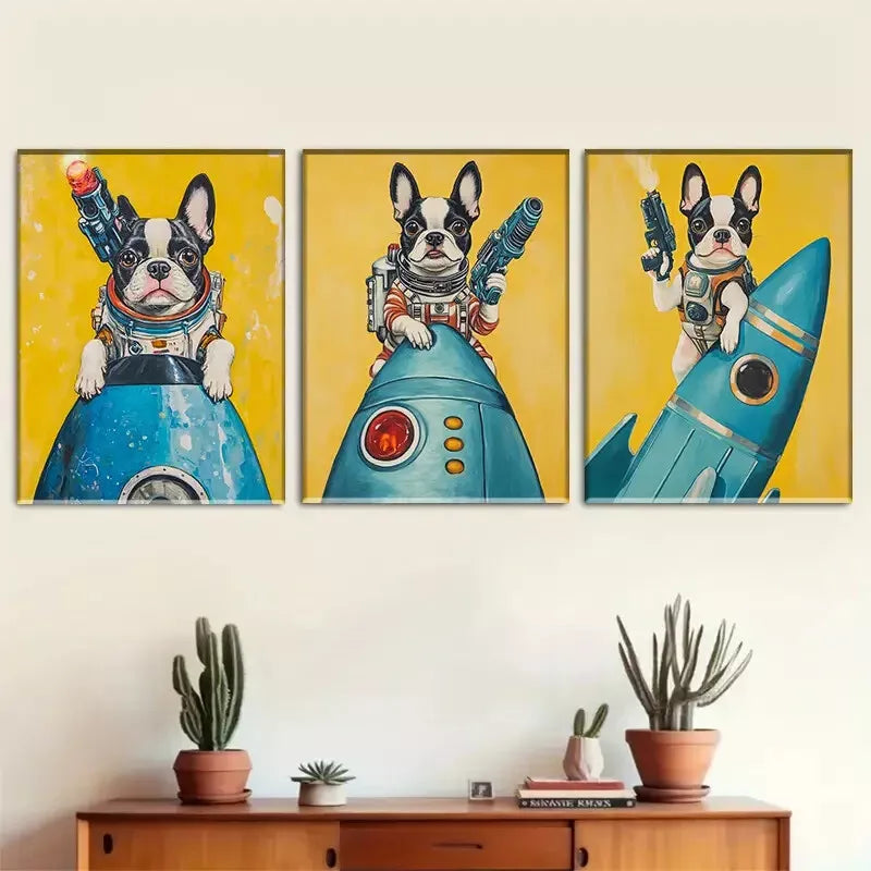 3pcs An Adorable Space-Themed Bulldog Wall Art Set Canvas Framed 40x60cm - High Quality Print 100% Australian Made Wall Canvas Ready to Hang