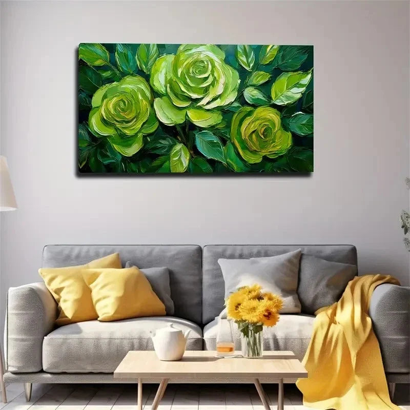 Vibrant Green Roses Wall Art Canvas Office Home Room Framed 80x45cm