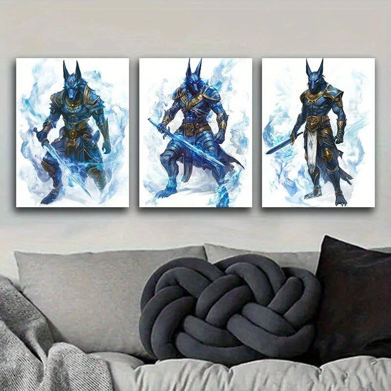 3pcs Anubis In Blue Armor Adventure Metal Print Ready to Hang Art