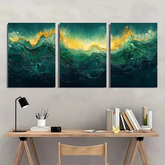 3pcs Abstract Green Wave Modern Nature Metal Print Ready to Hang Art