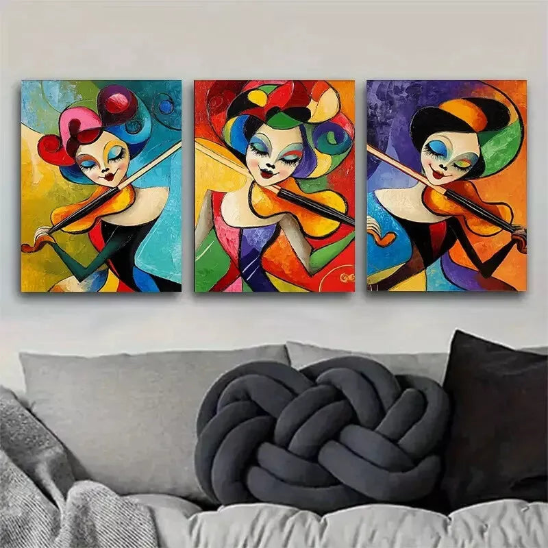 3pcs Colorful and lively Abstract Violinist Wall Art Set Canvas Framed 40x60cm - High Quality Print 100% Australian Made Wall Canvas Ready to Hang