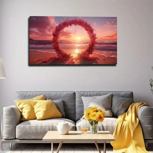 Beautiful Pink Floral Wreath Wall Art Canvas Office Home Room Framed 80x45cm