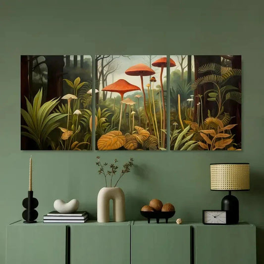 3pcs Mid Century Jungle Mushroom Metal Print Ready to Hang Art