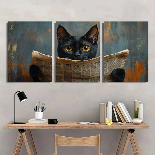 3pcs Black Cat Reading Newspaper Metal Print Ready to Hang Art