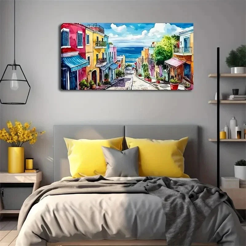 Colorful House Landscape Wall Art Canvas Office Home Room Framed 120x60cm