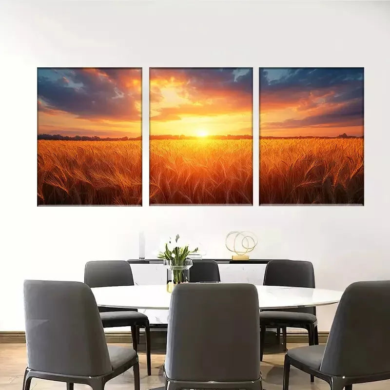 3pcss Golden Wheat Field Sunset -nature Wall Art Set Canvas Framed 40x60cm - High Quality Print 100% Australian Made Wall Canvas Ready to Hang