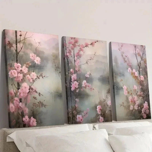 3pcs Beautiful Pink Peach Blossoms in Spring Wall Art Set Canvas Framed 40x60cm - High Quality Print 100% Australian Made Wall Canvas Ready to Hang