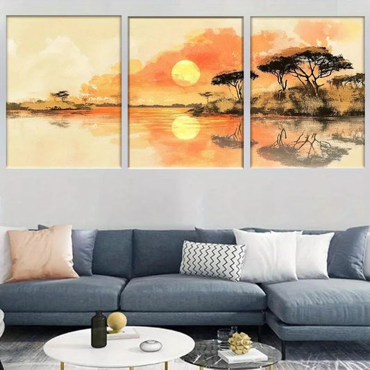 3pcs Serene Nature African Sunset Landscape Wall Art Set Canvas Framed 40x60cm - High Quality Print 100% Australian Made Wall Canvas Ready to Hang